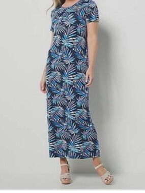 AnyBody Black Maxi Dress with blue and turquoise Tropical Leaf Print